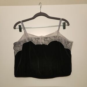 Free People Black Gray Lace Trim Crop Tank Top Size Medium M Satin